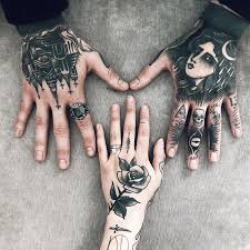 Black And Grey Hand Tattoos For Men Black Traditional Tattoos On Hands For A Couple Traditional Hand Tattoo Full Hand Tattoo Hand Tattoos