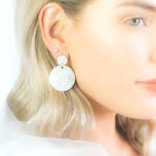 White Pearlescent Dangle Circle Shaped Hoop Earrings