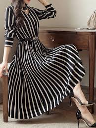 Plus Size Choker Neck Women A Line Party Long Sleeve Striped Dress Midi Skater Dress Fashion Nice Dresses