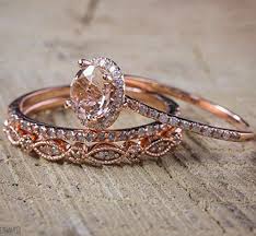 2 Carat Morganite And Diamond Trio Wedding Ring Set On Rose Gold With Engagement Ring A Wedding Ring Trio Sets Antique Engagement Rings Future Engagement Rings