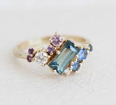 Baguette Sapphire Cluster Ring Unique Teal Sapphire Etsy Multi Gemstone Ring Rose Quartz Ring Engagement Diamond Wedding Rings Women