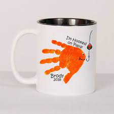 Baby Handprint Art Fish Mug Hooked On Daddy Handprint Gift Etsy Handprint Gifts Baby Handprint Art Handprint Crafts