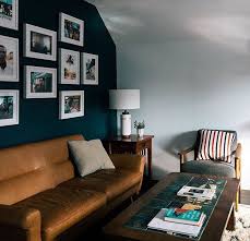 Blue Wall With Frames Art Tan Leather Couch Tan Leather Couch Living Room New Home Designs Leather Couches Living Room