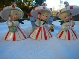 Vintage Napco Christmas Candy Cane Peppermint Girl Bells Set Of Three Umbrella Figurine 1960s Japan Peppermint Christmas Christmas Figurines Vintage Christmas