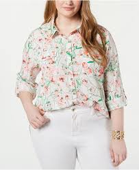 Plus Size Floral Print Roll Tab Sleeve Shirt Created For Macys