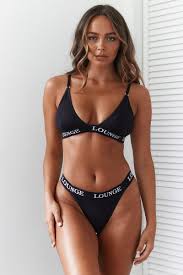 Bamboo Triangle Bra Thong Briefs Set All Black Lounge Underwear