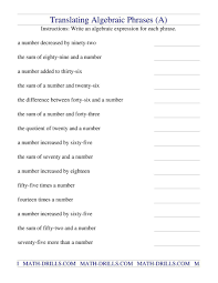 The Translating Algebraic Phrases A Math Worksheet From The Algebra Wor Translating Algebraic Expressions Algebraic Expressions Writing Algebraic Expressions