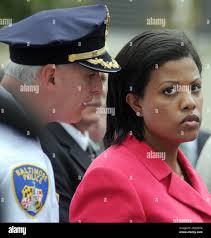 Baltimore Police Commissioner Fred Bealefeld, left, talks to Baltimore  Mayor Stephanie Rawlings-Blake during a news conference near Johns Hopkins  hospital Thursday, Sept. 16, 2010 in Baltimore. According to Baltimore  police, a man