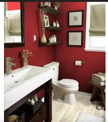 White Sink Dark Vanity Open Shelving With Bold Colors Red Walls Ideas For Bathroom With A Mediterrane Red Bathroom Decor Bathroom Red Black Bathroom Decor
