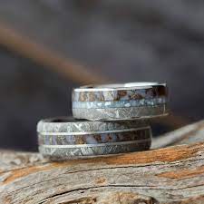 Matching Wedding Band Set With Meteorite And Dinosaur Bone 3719 In 2021 Titanium Wedding Rings Wedding Band Sets Matching Wedding Rings