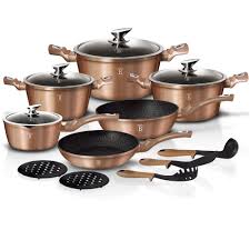 Set Oale Si Tigai Marmorate 15 Piese Din Aluminiu Forjat Rose Gold Cupru Metalic Line Berlinger Haus Bh 1224n Cookware Set Cookware Set Stainless Steel Cookware Sets