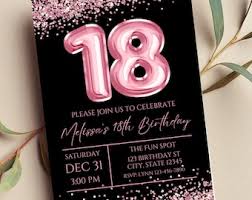 Bearbeitbare 18. Geburtstagseinladung, rosa und schwarze Einladung, rosa 18  Ballon, Glam, Glitter, bedruckbare oder Texteinladung