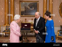 Queen Elizabeth II receives the Ambassador of Colombia Antonio Jose Ardila  and Luz Sarmiento during a private audience at Buckingham Palace, London  Stock Photo
