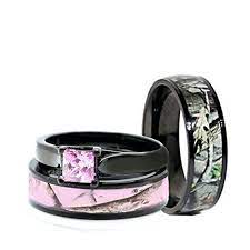 His And Hers Pink Women Men Black Titanium Camo And Sterling Silver Princess Engagement Wedd Camo Engagement Rings Camo Wedding Rings Camo Wedding Rings Sets