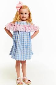 Blue And Pink Check Seersucker Ruffle Dress Smocked