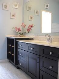 Black Bathroom Cabinets With White Countertops Light Blue Bathroom With White Countertop Subway Tile And Circles Tile And Dark Cabinets By Schrad Dark Brown Cabinets White Countertops