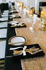 Green is truly mother nature's favorite color, so it goes with pretty much anything and every thing! This Toronto Warehouse Wedding Is Black White And Metallic All Over Junebug Weddings Black Gold Wedding Gold Sequin Table Runner Gold Table Runners