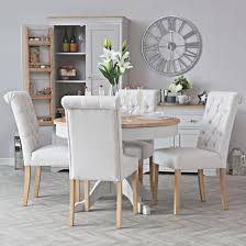 Lime washed oak dining table and chairs. Ashbourne Grey Painted Round Pedestal Extending Dining Table