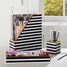 Black And White Office Desk Accessories Printed Desk Accessories Black White Stripe With Gold Trim Desk Accessories Office Desk Decor Desk Organization Diy