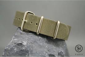 Bracelet Montre Nato Cuir Select Heure Vert Kaki Boucles Or Dorees