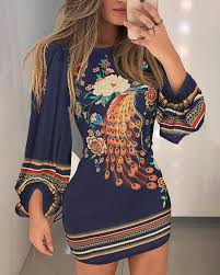 Peacock Print Cutout Back Bishop Sleeve Dress Clothes For Women Fashion Fashion Dresses Online