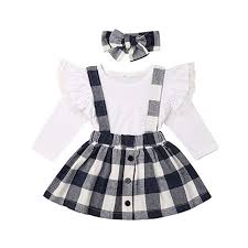 3pcs toddler baby girls christmas outfit ruffle sleeve deer santa tops suspender plaid skirt set