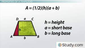 Property #1) the angles on the same side of a leg are called adjacent angles and are supplementary ( more ) property #2) area of a trapezoid = a r e a = h e i g h t ⋅ ( sum bases 2) ( more ) property #3) trapezoids have a midsegment which connects the mipoints of the legs ( more ) Trapezoid Definition Properties Formulas Video Lesson Transcript Study Com
