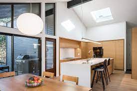 Chevron white oak floor in kitchen with white modern cabinets. Rift White Oak Kitchen Cabinetry Midcentury Kitchen Portland By Made Inc Houzz