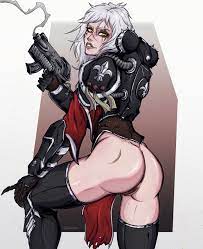 adepta sororitas anus armor bare ass blonde female female female  focus female only fleur de lis looking at viewer looking back purity seal  pussy sister of battle tagme thighhighs