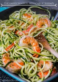 Cucumber Noodles With Garlic Shrimp Recipe Spiralizer Recipes Seafood Recipes Recipes