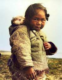 This iconic photograph captures a young Inuit girl carrying a husky puppy  on her back in 1949 In frozen stillness of the Canadian Arctic,  photographer Richard Harrington captured a moment of quiet