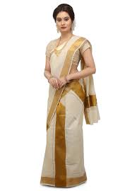 Set saree or kerala kasavu saree. Cotton Settu Mundu In Off White Spn2985