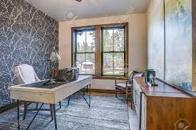 After you see accent wall designs, you'll want one in every single room of your house. Decorative Wallpaper On Accent Wall In Home Office With Modern Stock Photo Picture And Royalty Free Image Image 150513011