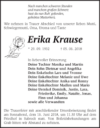 Februar 2017 starb sie im alter von 92 jahren. Traueranzeigen Von Erika Krause Markische Onlinezeitung Trauerportal