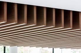 Vp 500 Vertical Metal Baffles With A Us Walnut Finish Timber Ceiling Baffle Ceiling Acoustical Ceiling