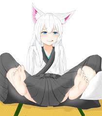highres, 1girl, animal ears, barefoot, blue eyes, blush, feet, fox girl,  japanese clothes, licking lips, long hair, soles, steam, tail, tatami, toes,  tongue, tongue out, white hair - Image View - |