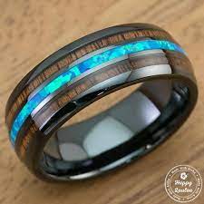 Hi Tech Black Ceramic Ring With Blue Opal Hawaiian Koa Wood Tri Inlay 8mm Dome Shape Comfort Fitment Black Ceramic Ring White Gold Engagement Rings Vintage White Gold Vintage Rings