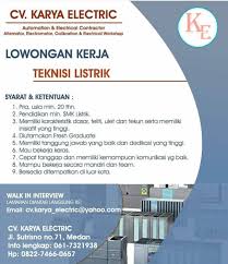 Lowongan koperasi karyawan krakatau daya listrik juni 2017. Teknisi Listrik Di Cv Karya Elektrik Informasi Lowongan Kerja Medan 2021 Terbaru Hari Ini