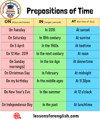 Prepositions Of Time And Examples On Days And Dates In Longer Periods At The Time Of Day On Tuesday I In 2020 Prepositions Learn English Vocabulary English Study