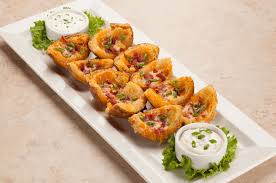 Bj S Small Deep Dish Pizza Crisp Potato Skins Platter Shredded Jack And Cheddar Cheeses Melted Over Lightly Fried Potato Skins Topped With App Potato Skins Smoked Bacon Sour Cream Dip