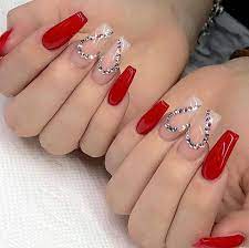 Short Coffin Nails Bling Hearts Red Acrylic Nails Nail Designs Valentines White Acrylic Nails