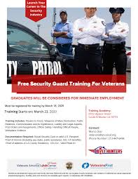 This course includes the 8 hour guard card course (powers to arrest and weapons of mass destruction) and all 32 hours of training that new security guards are required to complete in their first six months of. Free Security Guard Training For Veterans 18 Mar 2020