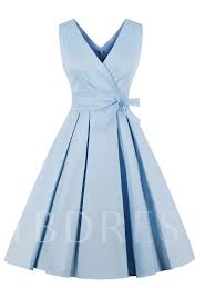V Neck Bowknot A Line Cocktail Dress Light Blue Midi Dress Cotton Dress Summer Blue Midi Dress
