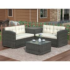 4 Piece Rattan Patio Furniture Sets Wicker Bistro Patio Set With Ottoman Glass Coffee Table Outdoor Cushioned Pe Rattan Wicker Sectional Sofa Set Dining Tab Rattan Patio Furniture Patio Furniture Sets Bistro