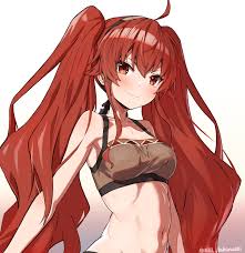 takanashi kei (hitsujikan), eris greyrat, mushoku tensei, commentary  request, highres, revision, 1girl, ahoge, breasts, closed mouth, long hair,  looking at viewer, medium breasts, midriff, navel, red eyes, red hair,  smile, solo, stomach,
