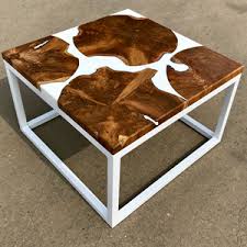 Teak Discs White Resin Coffee Table 60x60 Wood Resin Table Resin Table Wood Resin