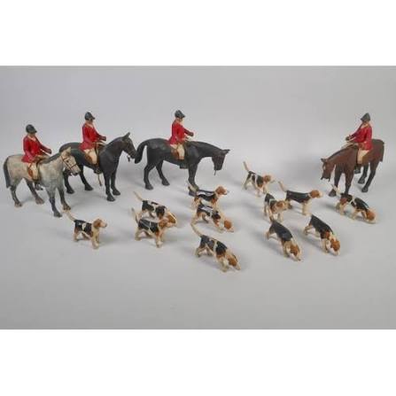 An early C20th carved and painted wood fox hunting group attributed to Frank Whittington, (British,
