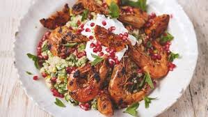 Turn the heat up to high and add another lug of oil along with the onions, chilli, garlic, most of the parsley and aubergine. Jamie Oliver S Super Food Sizzling Moroccan Style Prawns With Fluffy Couscous Rainbow Salsa Cbc Life Rainbow Salsa Seafood Recipes Food