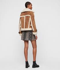 Allsaints Us Womens Farley Shearling Jacket Sand Brown Ecru Leather Jackets Women Discount Clothing Fur Leather Jacket