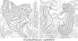 Our coloring pages require the free adobe acrobat reader. Dolphin And Seahorse Coloring Pages Underwater Ocean World Dolphin Among Marine Seaweed Sea Horse Shoal Of Tropical Canstock
